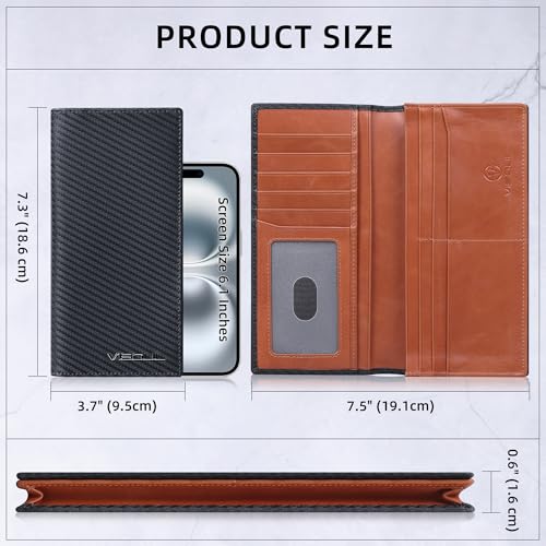 Image of VISOUL Leather Checkbook Cover Wallet for Men with RFID Blocking, Mens Long Bifold Cash Tall Wallet with 11 Credit Card Slots 1 ID Window (Black+Orange)