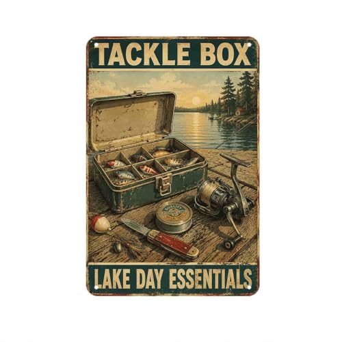 Fishing Tackle Box Lake Day Essentials Metal Tin Sign, Fisherman Vintage Gear Wall Art, 8X12 Inch