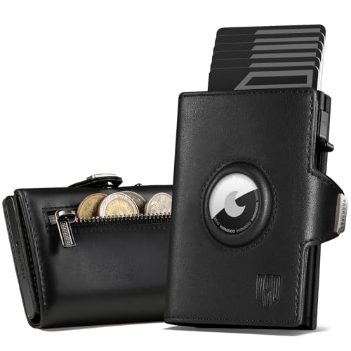 DODENSHA AirTag Wallet for Men RFID Blocking Leather Card Holder with Pop-Up Mechanism Compact Trifold Wallet with ID Window & Coin Pocket Gift Box Included (Black)