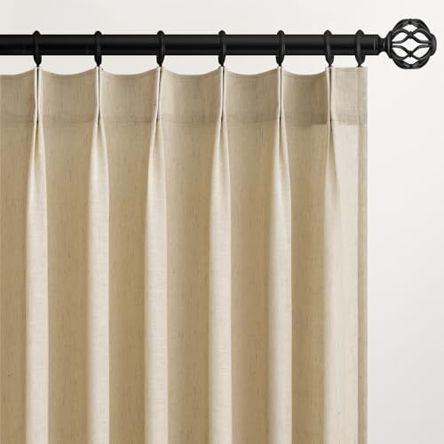132 Inch Pinch Pleated Linen Curtains 2 Panels,Natural Beige Semi
