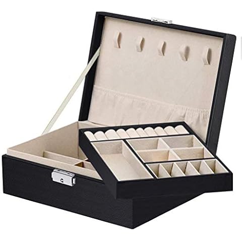 COZYSENSE Jewellery Box Organiser, 2 Layer PU Leather Storage Case with Lock for Necklace, Earrings, Rings, Bracelet and Accessories, Gift Box for Girls and Women (Black) Cover