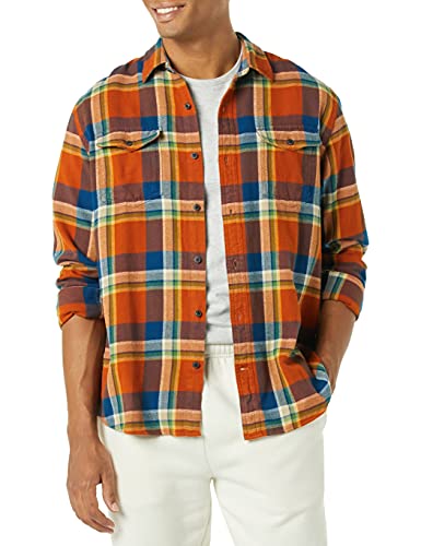 Amazon Essentials Men's Regular-Fit Long-Sleeve Two-Pocket Flannel Shirt, Orange/Navy, Plaid, X-Large