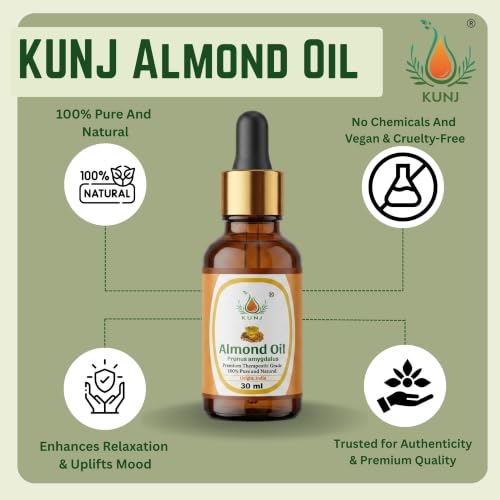 Image of KUNJ Almond Oil (Prunus Amygdalus) 30ML - 100% Pure & Natural, Cold Pressed, Undiluted Carrier Oil for Face Glow, Skin Moisturizing, Hair Nourishment, Body Care & Aromatherapy Massage