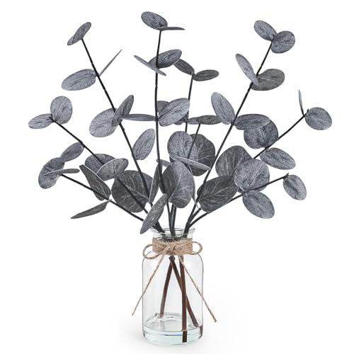 Bessol Artificial Eucalyptus Stems in Glass Vase with Faux Water, 13.5" Fake Plants for Home Decor, Coffee Table Centerpieces, Office, Bathroom & Farmhouse - Black Faux Plants Decorations