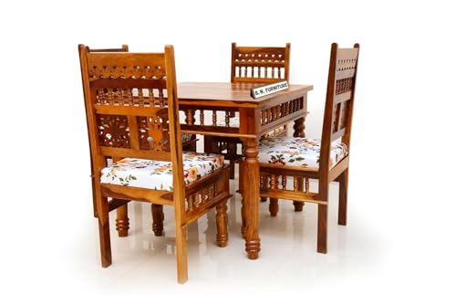 Image of BN Furniture Solid Sheesham Wood 4 Seater Dining Table Set | 34x34 Inch Square Table | Honey Finish Wooden Dining Set with Floral Cushioned Chairs for Home & Apartment