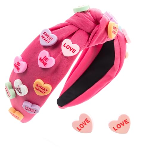 ヘッドバンド イヤリング セット レディース ガールズ ラブ ハート キャンディ装飾 ヘアバンド ワイド トップ ノット ヘアアクセサリー パーティー ギフト (スウェットハート - ホットピンク)
