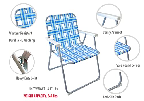 Zxdin3 Foldable Webbing Retro Lounge Lawn Beach Camp Chair Portable Lightweight For Adult With Armrest | Picnic Bbq Rv Trip Patio Garden Rest | Outdoor Collapsible Backrest Seats Summer Blue Stripe #TOP1