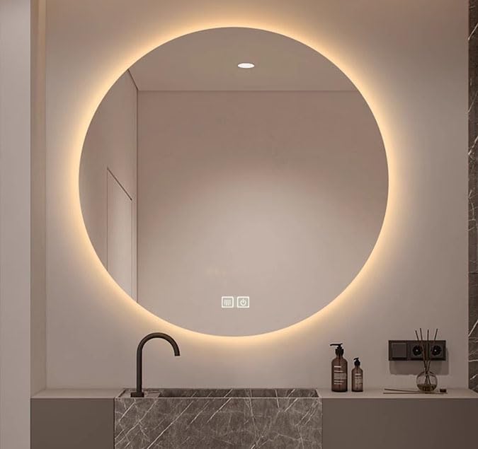 YU YUSING Miroir De Salle De Bain LED 70x50cm, Miroir Lumineux Cosmétique Mural Avec 3 Couleurs De Lumière Réglables, Cadre Métallique, Affichage L' Heure, Anti-buée, IP44 Étanchéité, Horizontal