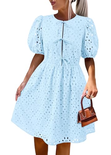 Image of KIRUNDO Eyelet Summer Dresses for Women 2025 Short Sleeve Tie Front Babydoll A Line Wedding Guest Beach Vacation Sundress