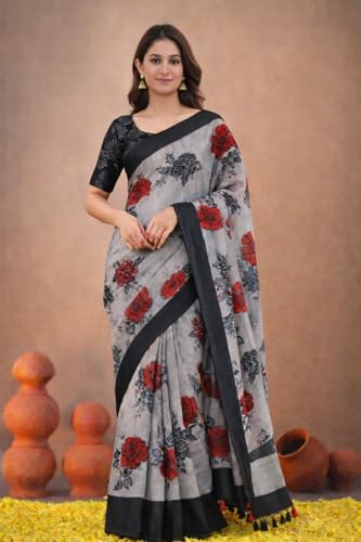 Image of Jack & Jini Women's Floral Print Pure Georgette Saree with Blouse Piece | Soft Casual & Festive Drape | Gift for Mother, Wife.