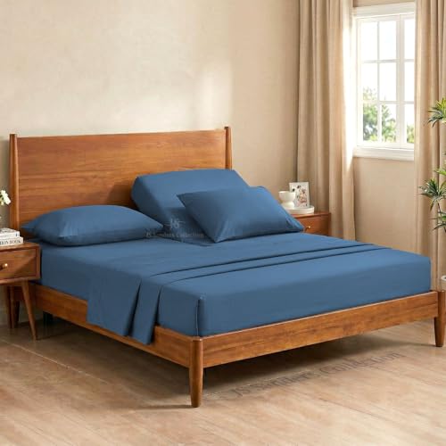 JS Sanders Collection Split Head Flex Cal. King 4 Piece Sheet Set 28" Top, Egyptian Cotton, Mediterranean Blue