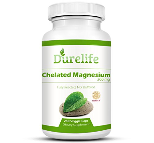 Chelated Magnesium 200mg per Serving 240 Vegi Caps by DureLife, Albion Magnesium (TRAACS) is A Fully reacted Magnesium That Has The Highest Level of Absorption and Helps Muscles Bones and The Heart