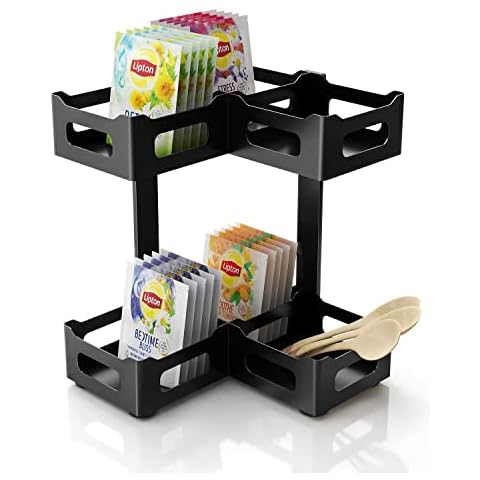 Tea Organizer for Tea Bags,Bethom Tea Storage Teabags Organizer,2 Layer Corner Sugar Packet Holder for Coffee Bar,Creamer Holder Cover