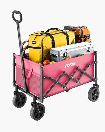 VEVOR Carrito Plegable para Exteriores, Carro de Transporte Plegable de 660 x 450 x 460 mm con Ruedas Todoterreno, Asa Ajustable, Capacidad de Peso de 102,6 kg, para Playa, Jardín, Rosa y Negro