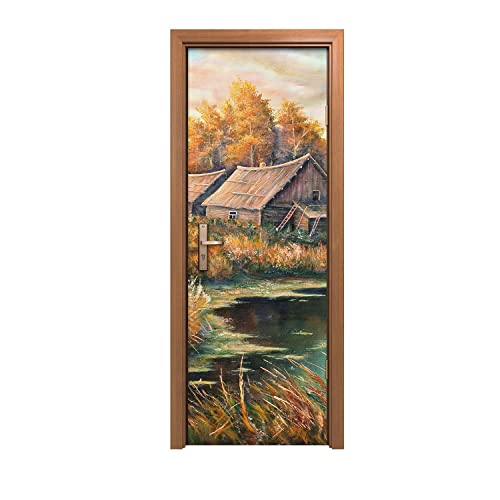 Autocollant de porte 70x200cm sticker mural intérieur peinture huttes nature forestière - 2
