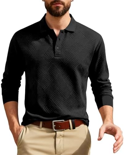 Polo a maniche lunghe da uomo con bottoni jacquard camicie da golf in tinta unita camicia formale pullover accogliente classico ufficio business top colletto con risvolto camicia casual elegante abito