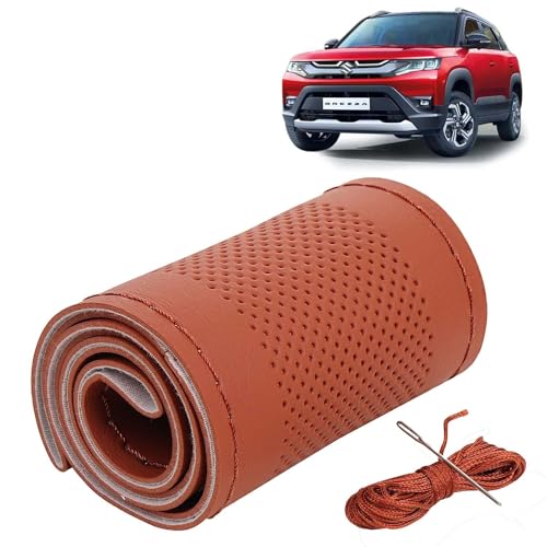 Image of KINGSWAY PU Leatherite Car Steering Cover Sewable Compatible with Maruti Suzuki Brezza (Year 2022 Onwards), Tan Color with Tan Thread, Pack of 1 with Sewing Needle and Thread