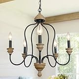 ANQIANYUE Black Rustic Farmhouse Chandelier 5-Light Distressed Candle Wood Light Fixture 20.4' French Country Indoor Ceiling Light for Dining Room, Living Room, Kitchen, and Entryway