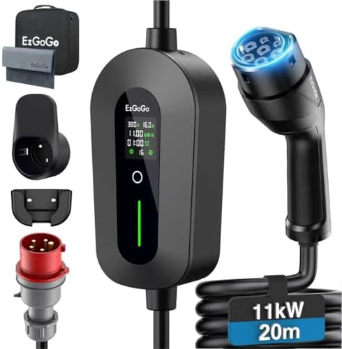 EzGoGo Mobile Wallbox 11kW Ladegerät Typ 2 (3-phasig) mit 20m Ladekabel | Ladekabel Auto CEE 16A 400v auf Typ 2 Ladekabel, Einstellbare Leistung & Ladezeit, IP65 , EV-Charger Für E