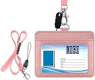 Wisdompro 2-Sided PU Leather ID Badge Holder with 1 ID Window and 1 Card Slot and 1 Piece 22 Inch Polyester Detachable Neck Lanyard Strap Holds 3 to 4 Cards- Rose Gold (Horizontal)