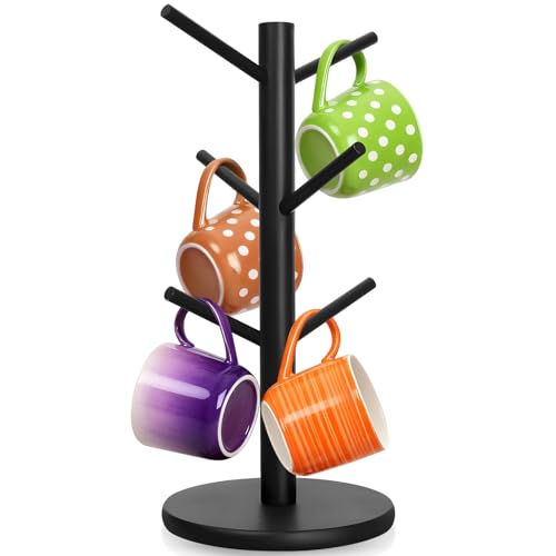 Porte-Tasses Bambou avec 6 Crochets, Support Rangement Tasse Café, Arbre Tasse avec Base Épaisse, Porte Gobelet, Organisateur Suspendu Mug Multifonction pour...