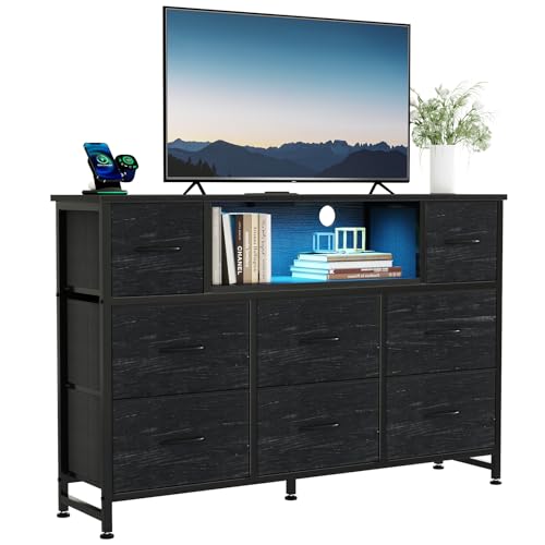 Image of DUMOS TV Stand Dresser with 8 Fabric Drawers and Open Shelves, LED Entertainment Center with Charging Station, Wood Top Media Console for 45-55 inch, Bedroom, Woodgrain Black