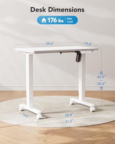Image of HUANUO Electric Small Standing Desk, Whole Piece Desktop, Adjustable Height Computer Desk, 4 Height Memory Settings, Sit Stand Up Desk for Home Office, 35 inch x 20 inch, White