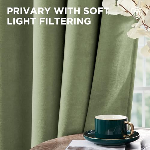 Image of Joydeco Coconut Green Velvet Curtains 90 Inch Curtains 2 Panels Set, Thermal Insulated Room Darkening Curtains for Bedroom Living Room, Soft Luxury Curtains Rod Pocket, 52W x 90L
