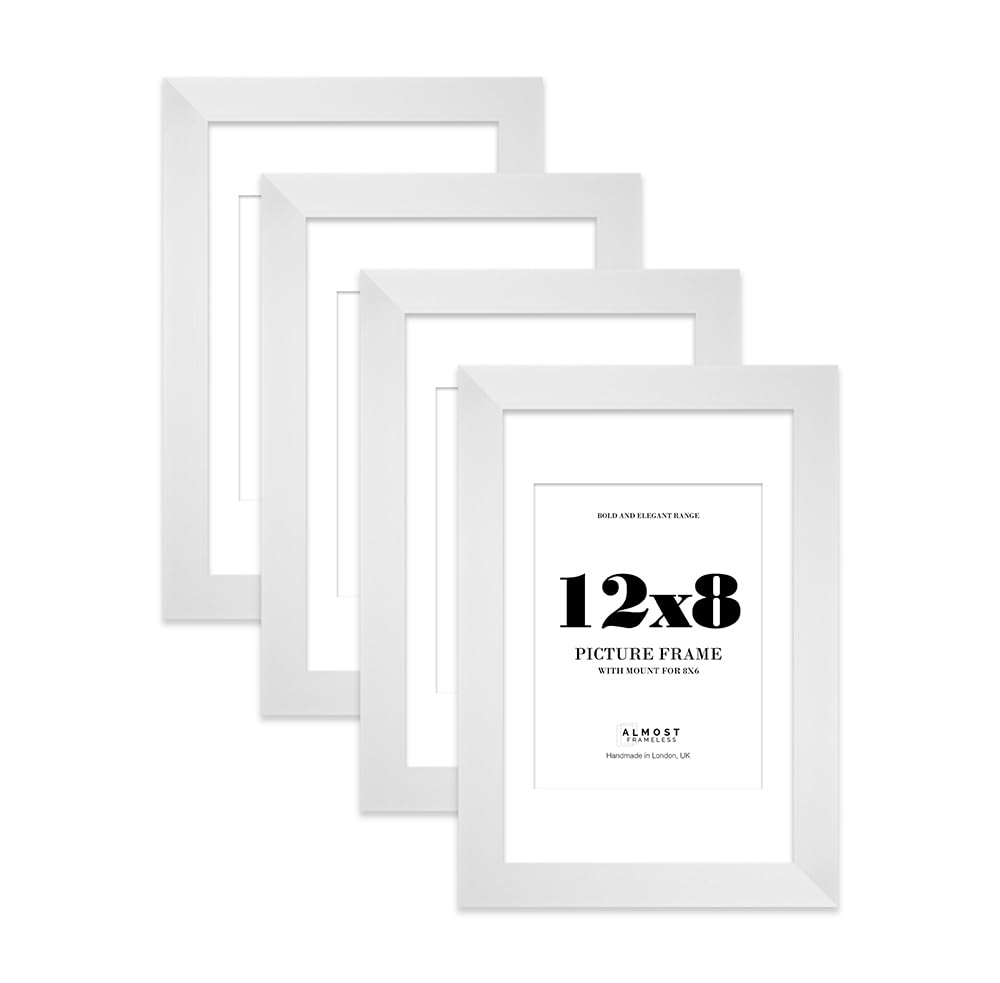 12x8 White Frame With Mount for 8x6 Pictures 28mm Edge Portrait and Landscape Display with Wall Hooks and Kickstand, 4 Pack