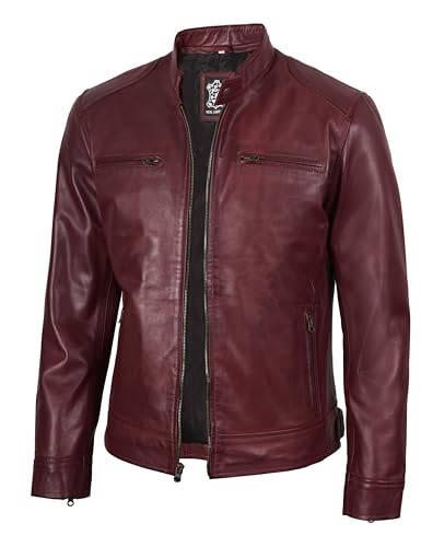 Image of fjackets Mens Leather Jacket - Real Lambskin Cafe Racer Jacket Stand Collar Moto Biker Zip Jacket For Men