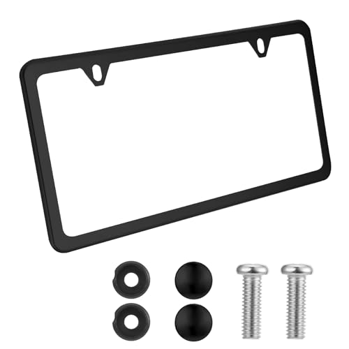 License Plate Frames Stainless Steel License Plate Cover Two Hole Slim Version License Plate Frame Flat License Plate Holder with Metal Screw Caps Car Accessories (Black)