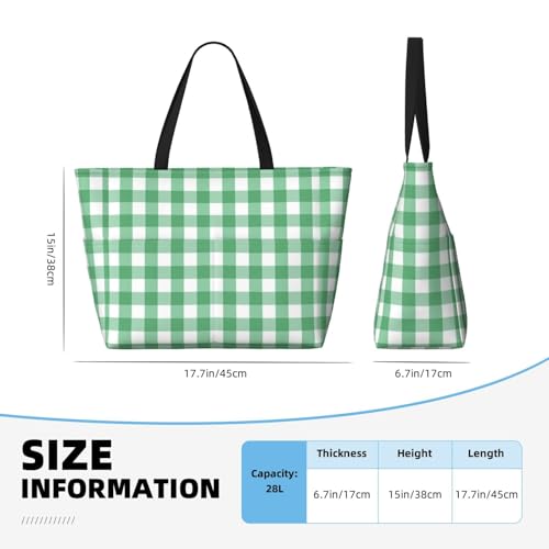 Waterproof Sandproof Beach Bag Gingham White Green Plaids Checkered Swim Large Tote Pool Bag For Women With Zipper3