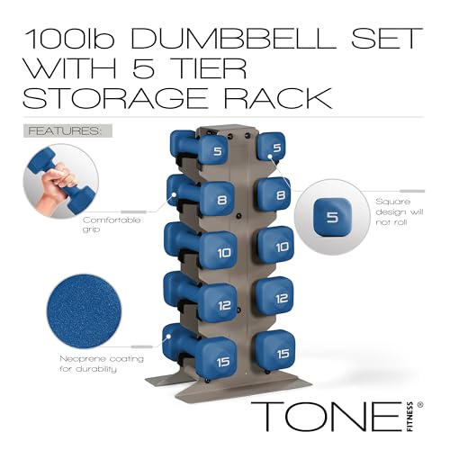 Image of Tone Fitness Neoprene Dumbbell Set with Storage Rack - Non-Slip, Anti-Roll Hand Weights for Home Gym Workouts | 20 lb, 32 lb, 50 lb, 60 lb & 100 lb Options