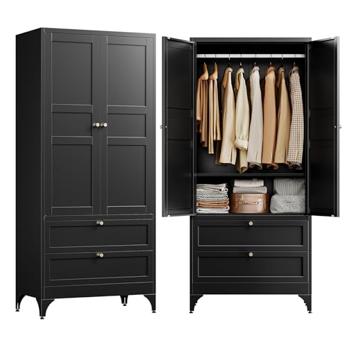 Image of Letaya 71 inch Metal Wardrobe Cabinets with 2 Drawers,Steel Armoire Wardrobe Closet with Doors and Shelves,Clothing Storage Cabinets with Hanging Rod for Bedroom, Gym, Cloak Room,Black
