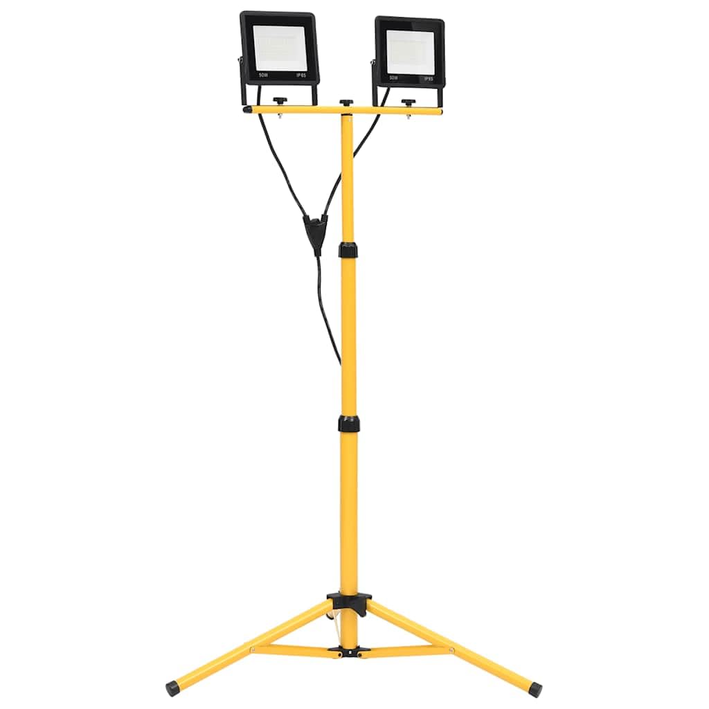 Foco LED con trípode, 2 x 50 W, luz blanca fría, carcasa de aluminio, 7000 lúmenes, ángulo de haz de 120°, cable de 3 m, altura ajustable, resistente para obras, taller, jardín, terraza