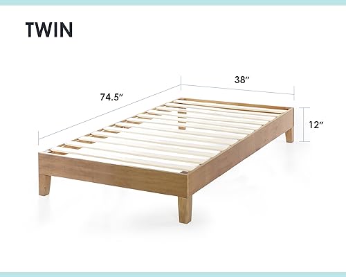 Mellow Naturalista Grand - 12 Inch Solid Wood Platform Bed with Wooden Slats - No Box Spring Needed - Twin (Natural Pine)