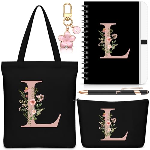 Talltalk 5 Pcs Personalized Women Gifts,Initial Tote Bag,Personalized Tote Bags,Graduation Gifts for Women(Black,Letter L)