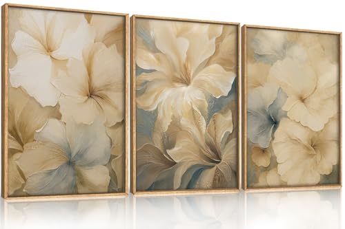 Image of KAIRNE Neutral Beige Flower Framed Canvas Wall Art Set, Modern Magnolia Floral Wall Decor,Aesthetic Warm Wildflower Art Prints,Boho Botanical Artwork for Living Room,Bedroom,Farmhouse,Office-24 inchx36 inchx3