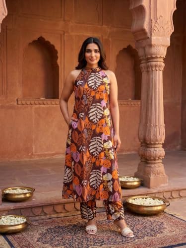 Image of OOMPH! Women's Hulter Neck Kurta & Bottom Set | Straight Kurta Outfits | Ethnic Set | Kurti Set for Woman