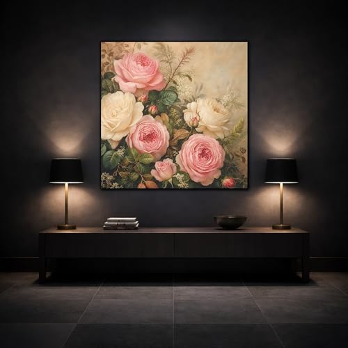 Tableau fleurs roses vintage grand format 60x60 pour décoration murale