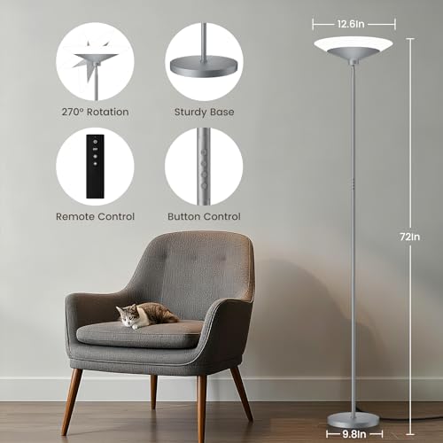 Image of SIBRILLE Silver Torchiere Floor Lamp - 30W Dimmable LED Standing Lamp with Remote /Button Control, 1800Lm, 3000-6500K, 72in Bright Standing Pole Light for Living Room Bedroom Office Corner