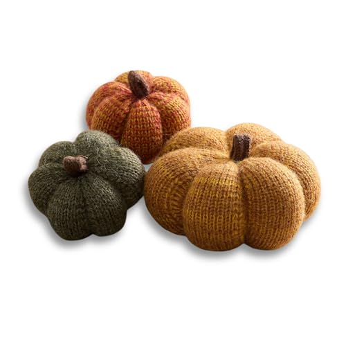Image of Set of 3 Cozy Mini Knit Pumpkins (Marigold Multi-Size Set) | Warm Green Gold, Fall Tabletop Decor, Soft Autumn Home Accents, Thanksgiving Table Setting