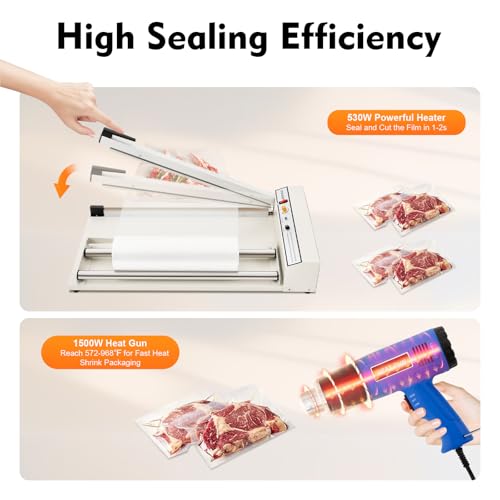 Heat Sealer Machine 24Inch, 530W Powerful Packaging Sealing Machine, Shrink Wrap Sealer with Heat Gun, Adjustable Temperature Heat Sealing for PVC, POF, PP, PE Films