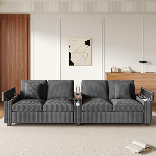 HYSZ Sofá cama de pana para 4 personas, juego de sofá (3+2+1) para salón, sofá grande con consola de madera, puertos de carga USB/USB-C y almacenamiento oculto