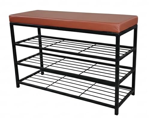 Image of Metal Shoe Rack Bench for Entryway | 3-Tier Shoe Organizer with Comfortable Cushion | Multipurpose Hallway Storage Furniture (Black, Heavy Duty Steel) (Black, 3-Tier Rack)