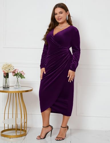 Image of ZOMVA Plus Size Velvet Wrap Dress Ruched Bodycon Dress Long Sleeves Ruffle Long Elegant Party Wedding Guest Cocktail Holiday