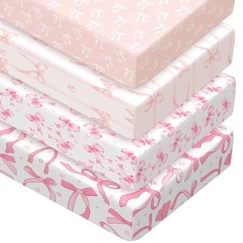 Image of Peryiter 4 Pack Crib Sheets Girl Soft Baby Bed Sheet Set 52'' x 28" Nursery Crib Sheets for Standard Bed for Nursery Decor Baby Boys or Girls(Pink,Pink Bow)