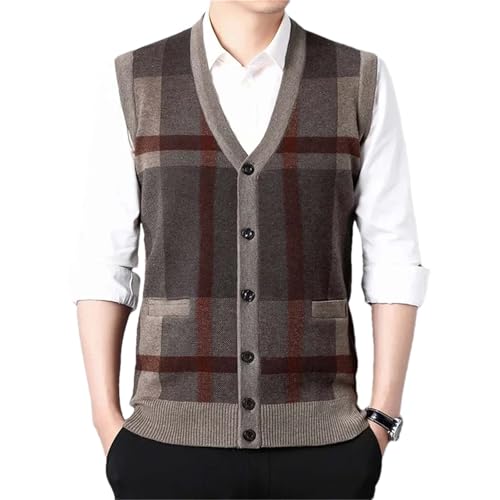 Men's V-Neck Plaid Cardigan Sweater Knit Vest Button Down Casual Thickened Pullover