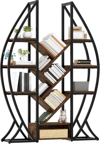 DWVO Oval Bookshelf, Triple Wide 5 Tier Etagere Bookcase, Industrial Display Shelves for Living Room, Bedroom, Home Office, Rustic Brown