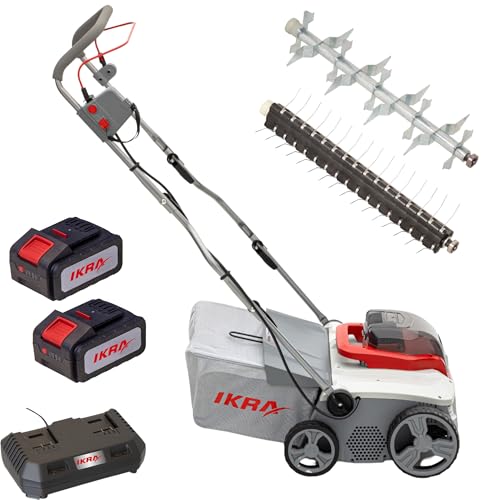 ikra scarificatore arieggiatore senza cavo 3in1 iavl 2-2040, cesto di raccolta 40 l, larghezza di lavoro 40 cm, incl. 2 batterie 20 v 4,0 ah e caricatore rapido